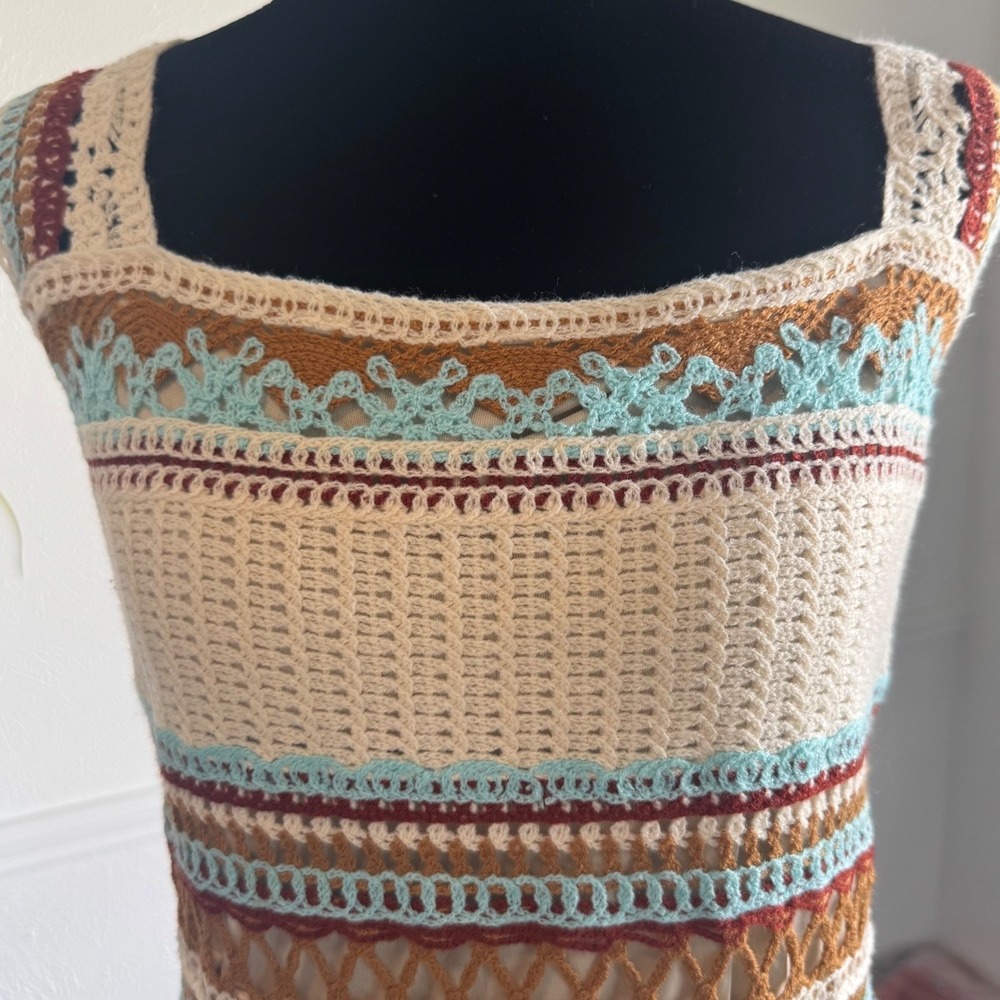 Crochet Midi Dress XL Cream Brown Turquoise Boho Striped Sleeveless Romantic - Picture 4 of 8